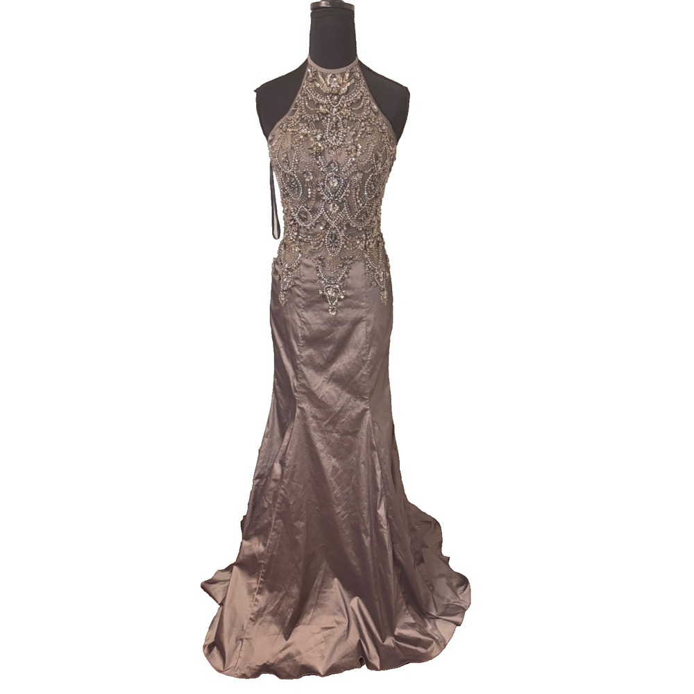 Morilee Madeline Gardner Taupe Formal Beaded Gown Halter Dress‎ Sz 6 Black Tie